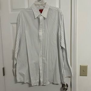 White with light blue striped button down dress shirt